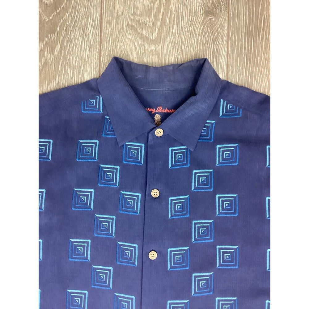 Tommy Bahama Silk Blend Shirt Mens Blue Pattern Short Sleeve Button Up